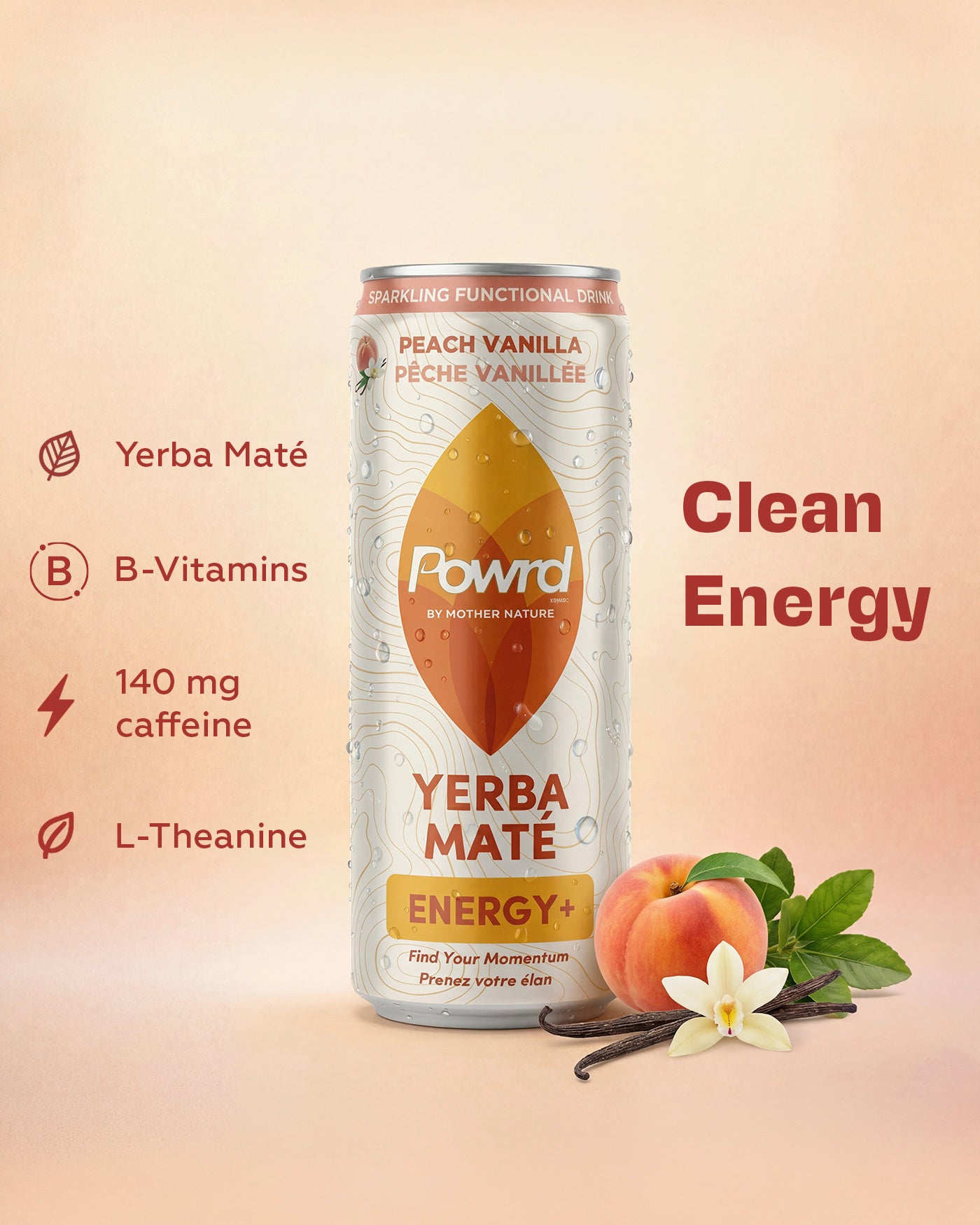 POWRD ENERGY+ (Peach Vanilla) – Yerba Maté Sparkling Functional Drink