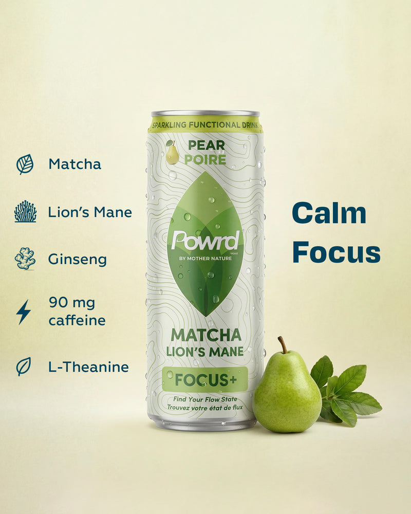 POWRD FOCUS+ (Pear) – Matcha & Lion’s Mane Sparkling Functional Drink