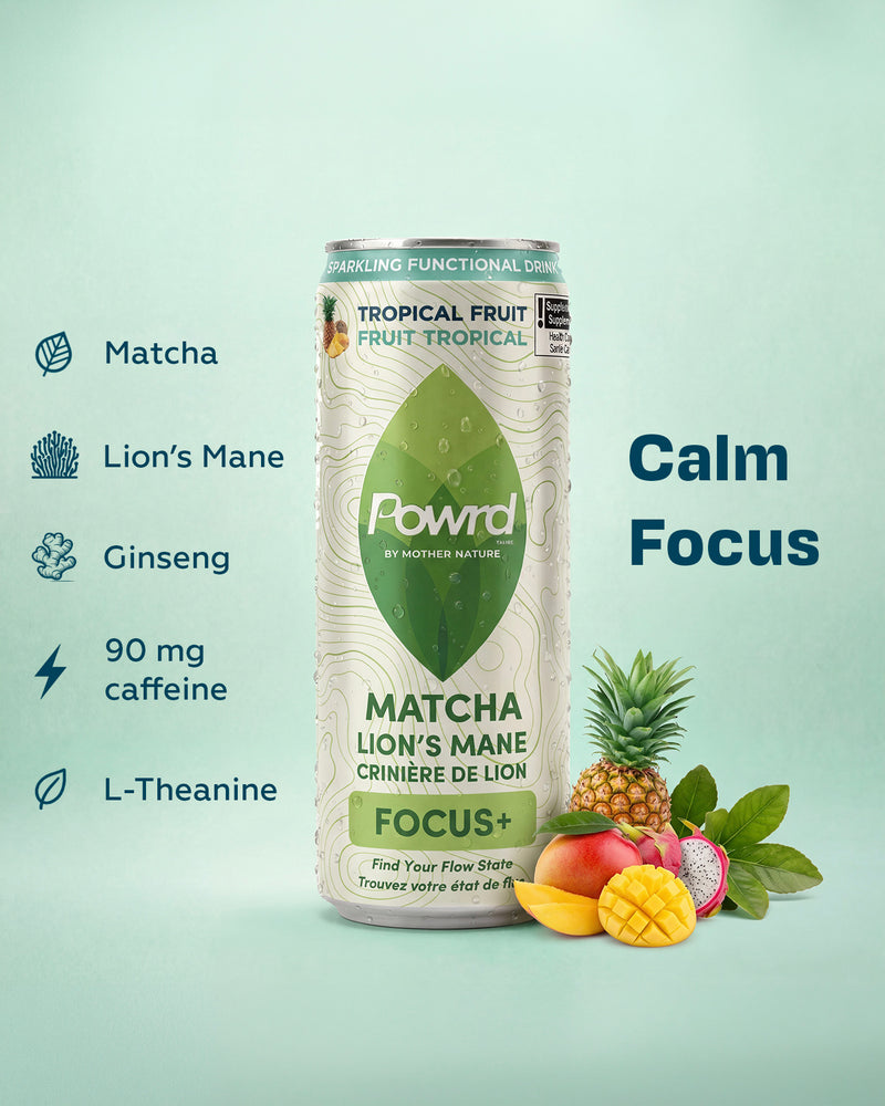 POWRD FOCUS+ (Tropical Fruit) – Matcha & Lion’s Mane Sparkling Functional Drink