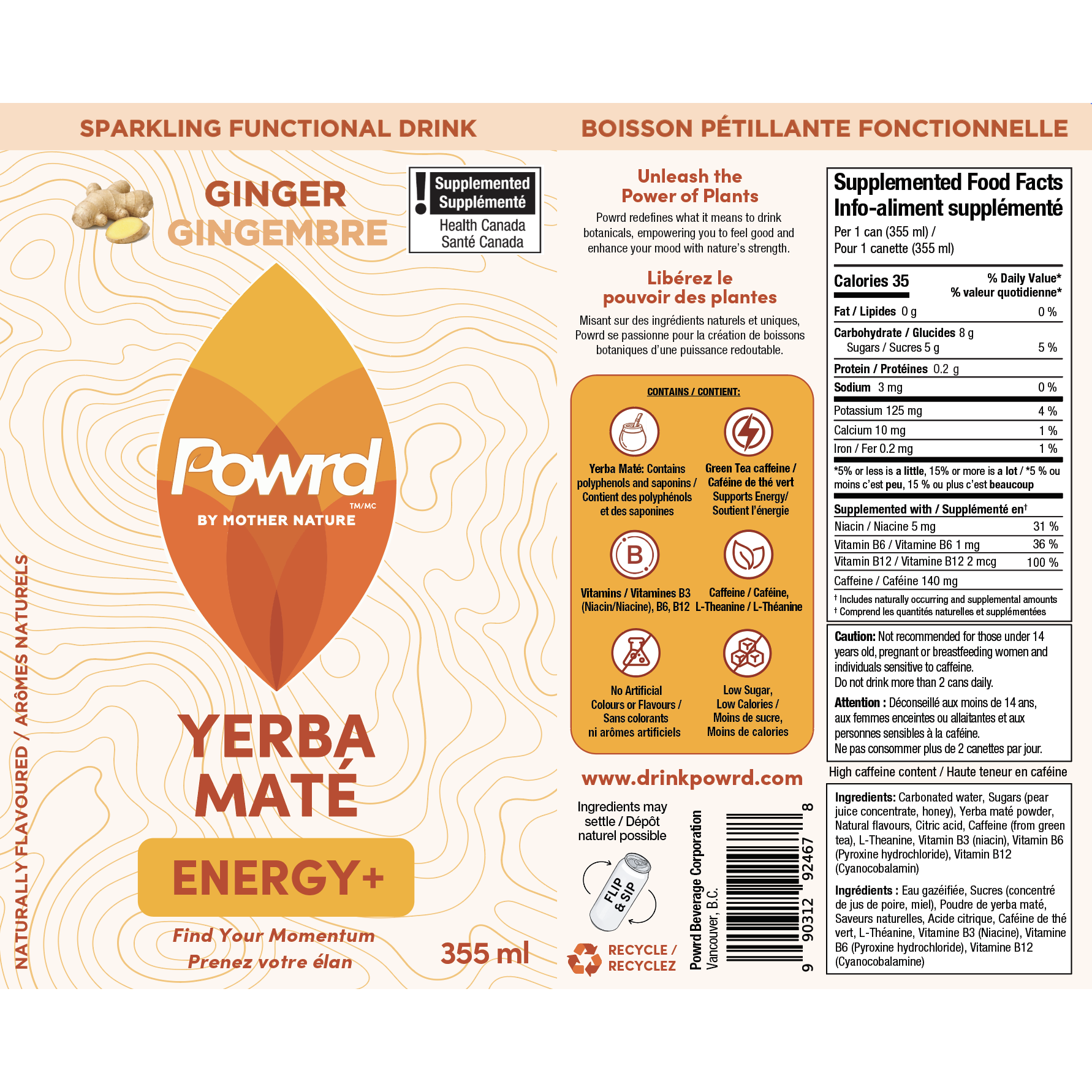 POWRD ENERGY+ (Ginger) – Yerba Maté Sparkling Functional Drink