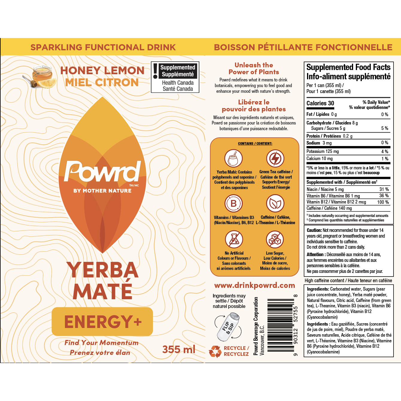 POWRD ENERGY+ (Honey Lemon) – Yerba Maté Sparkling Functional Drink